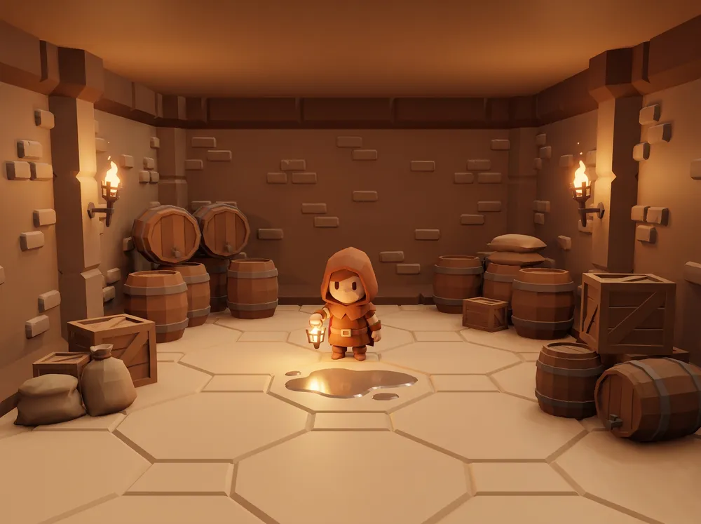 The Cellars: a warm sepia storeroom of barrels and crates, lit by a delver's lantern.
