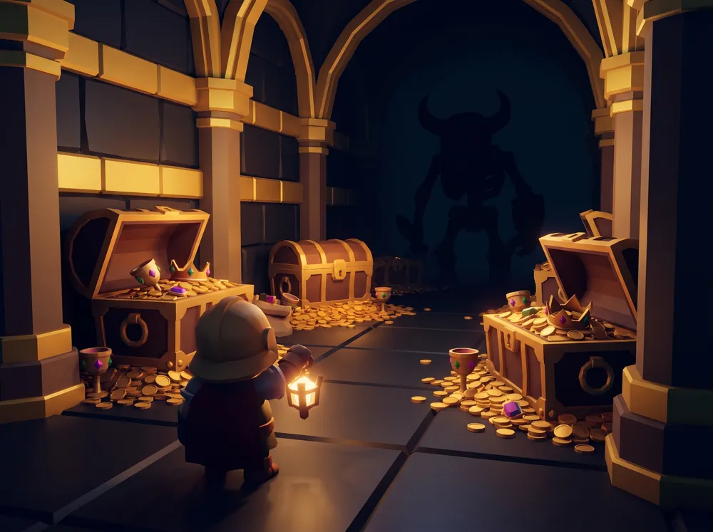 The Vaults: a gilded treasure hall of open chests and spilled gold, a horned silhouette waiting beyond.